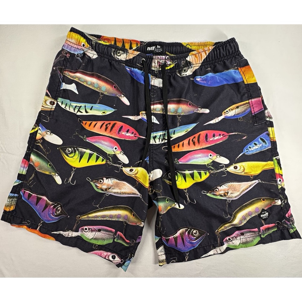 Neff Men's XL Swim Shorts Black/Multicolor Fish Print Drawstring Pockets
